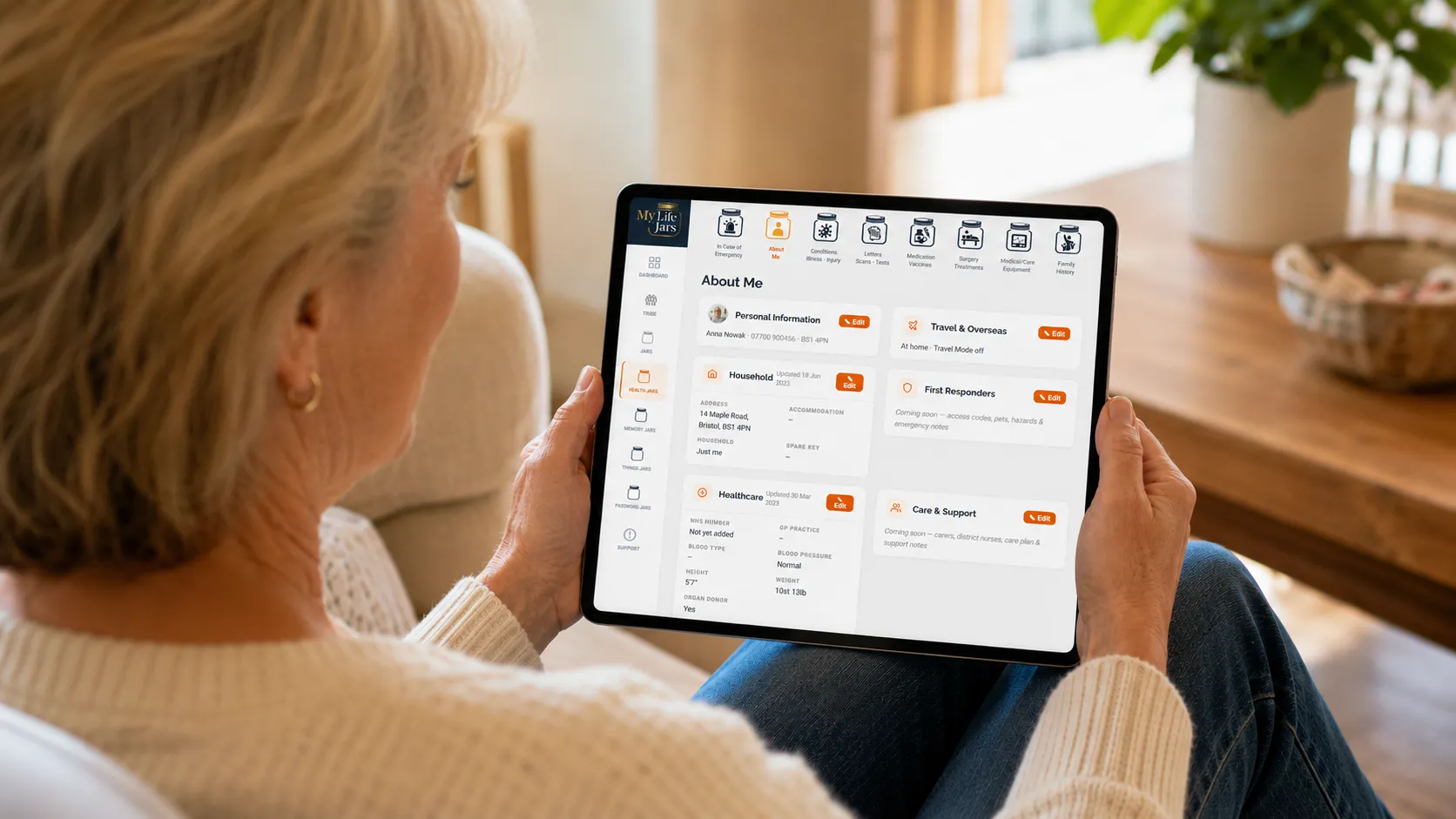 Woman reviewing her Health Jars on a tablet